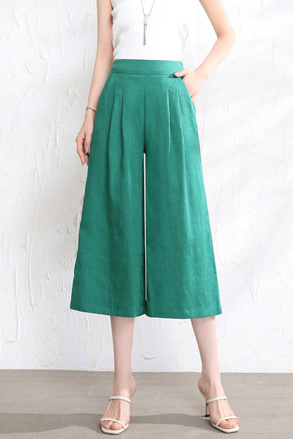 Yellow Linen Wide Leg Pants - Back Elastic Waist, Front Pockets 3523