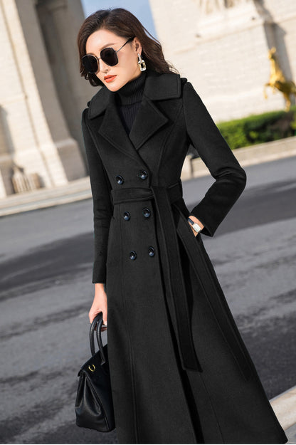 Vintage-Inspired Long Wool Coat – Women’s Belted Winter Overcoat with Pockets 3980