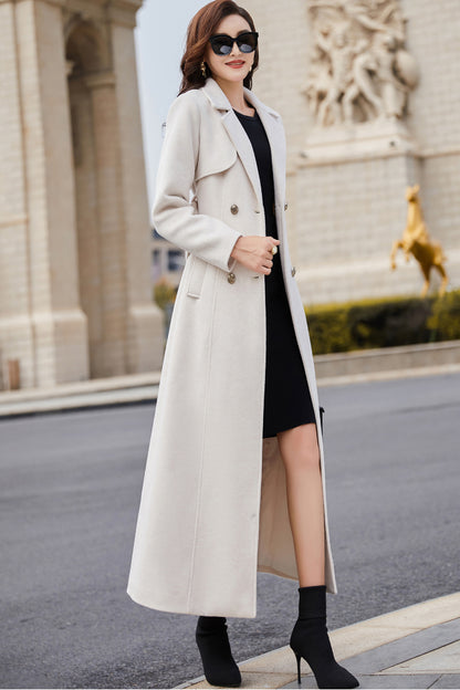 Beige Wool Coat – Handmade Long Double Breasted Belted Winter Overcoat for Women 3978
