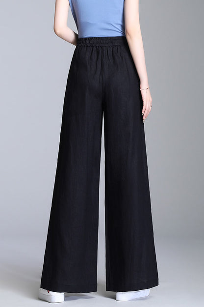 Light Grey Linen Wide Leg Pants - Elastic Waist, Belted Detail 3525