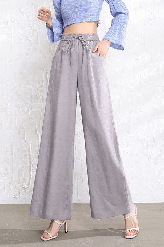 Light Grey Linen Wide Leg Pants - Elastic Waist, Belted Detail 3525