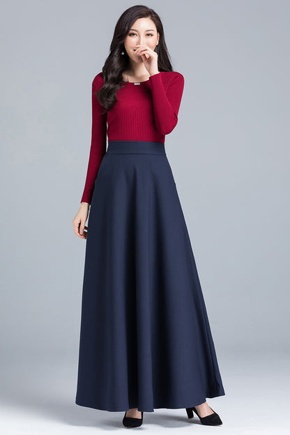 Navy Cotton Blend Maxi Skirt - A-Line Silhouette with Back Elastic Waist 4090
