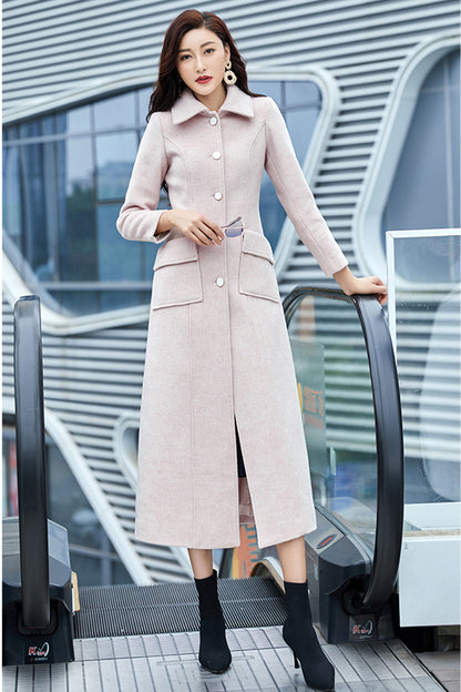 Light Pink Wool Coat – Handmade Long Slim Fit Winter Overcoat for Women 3977