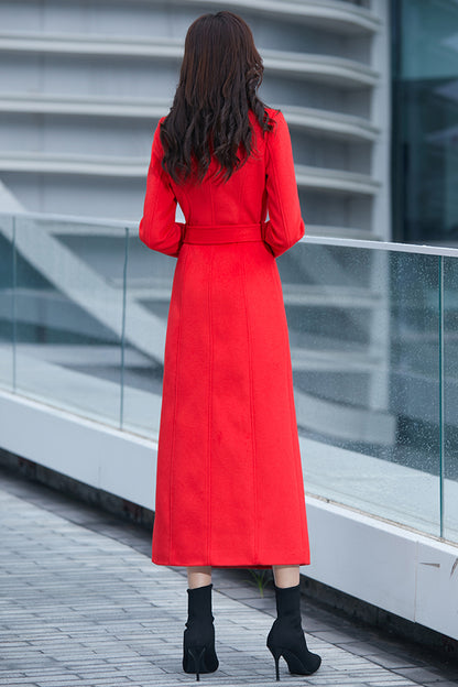 Handmade Red Wool Coat – Elegant Double-Breasted Belted Long Winter Overcoat | Xiaolizi 3981