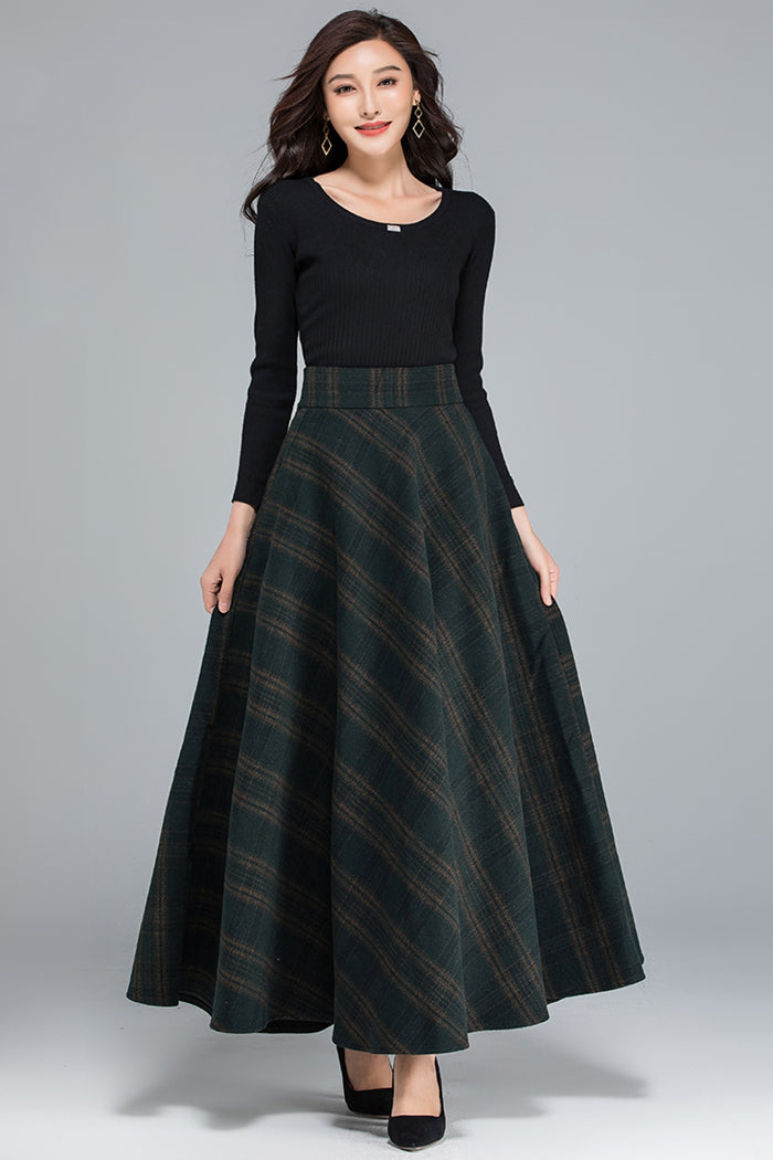 A-Line Plaid Maxi Wool Skirt 3932