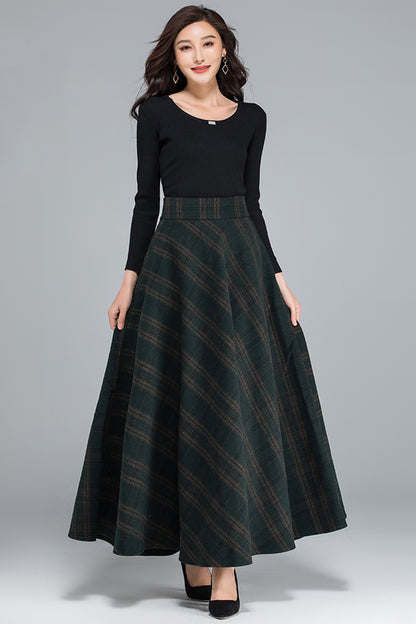 Plaid Wool A-Line Maxi Skirt - Elastic Waist, Side Pockets 3932