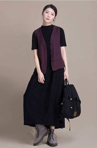 Brown Cotton Linen Maxi A-Line Skirt - High Waist Autumn Style J084-9