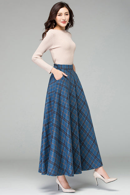 Blue Wool Plaid Maxi Skirt - Vintage Full Flowy Silhouette 3925