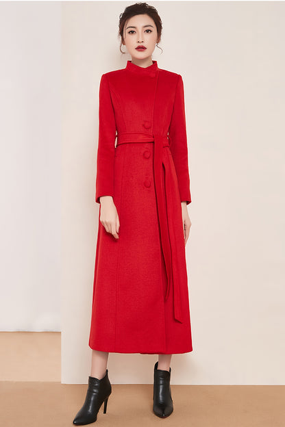 Handmade Light Gray Wool Coat – Elegant High Neck Belted Long Overcoat | Xiaolizi 3983