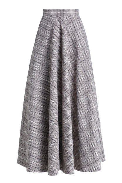 Beige Wool Swing Maxi Skirt - Elastic Waist Plaid Elegance 3936