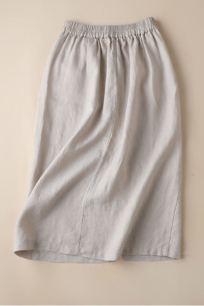 Beige Linen Maxi Skirt - Elastic Waist with Side Pockets 3595