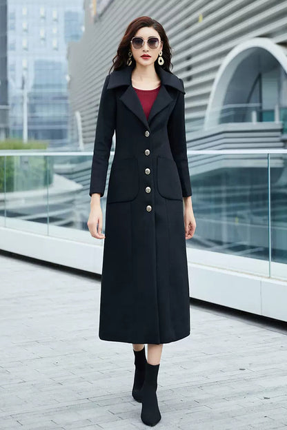 Black Wool Coat – Handmade Long Slim Fit Button Front Winter Overcoat for Women 3976