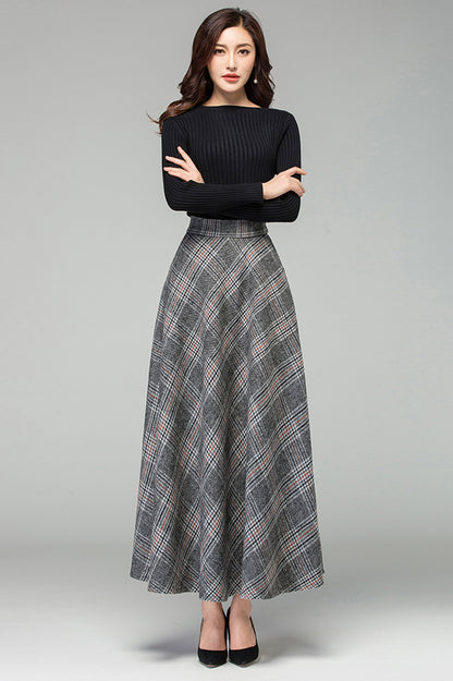 Black & White Wool A-Line Skirt - Elastic Waist with Side Pockets 3927