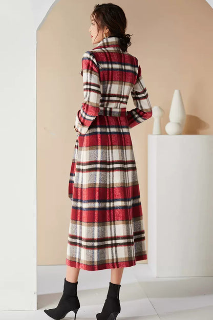 Handmade Plaid Wool Coat – Vintage Red Check Double-Breasted Long Belted Overcoat | Xiaolizi 3990