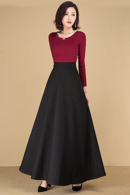 Navy Cotton Blend Maxi Skirt - A-Line Silhouette with Back Elastic Waist 4090