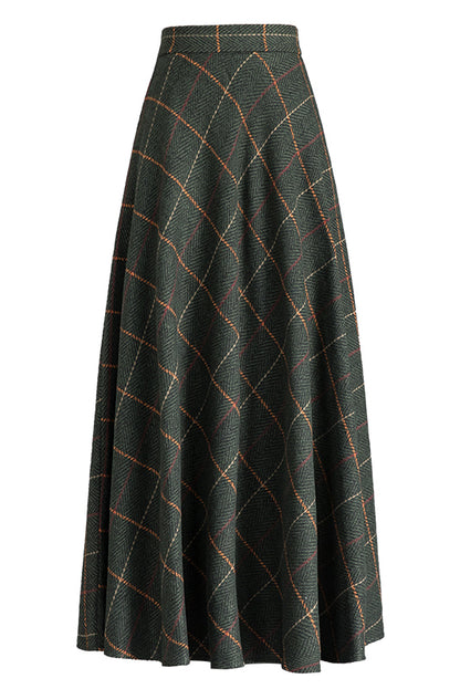 Green Plaid Wool Maxi Skirt – High Waist A-Line Winter Skirt for Women 3793