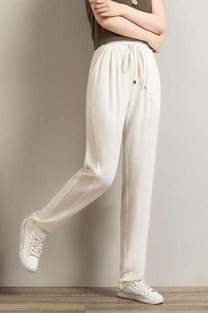 Beige Linen Wide Leg Pants - Elastic Waist, Casual Comfort 3517