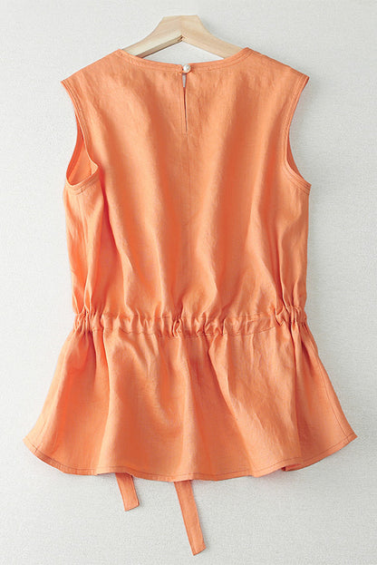 Apricot Linen Sleeveless Top - Relaxed Fit with Waist Tie 3659