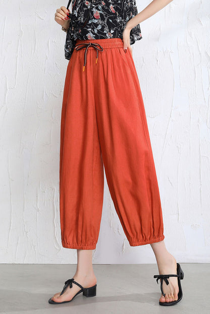 Brown Linen Wide Leg Pants - Elastic Waist and Casual Fit 3519