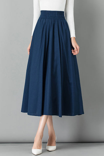 Emerald Green Linen Midi Skirt - High Waist Pleated Casual Style 4103