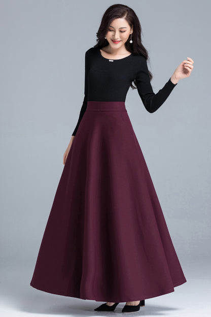Navy Cotton Blend Maxi Skirt - A-Line Silhouette with Back Elastic Waist 4090