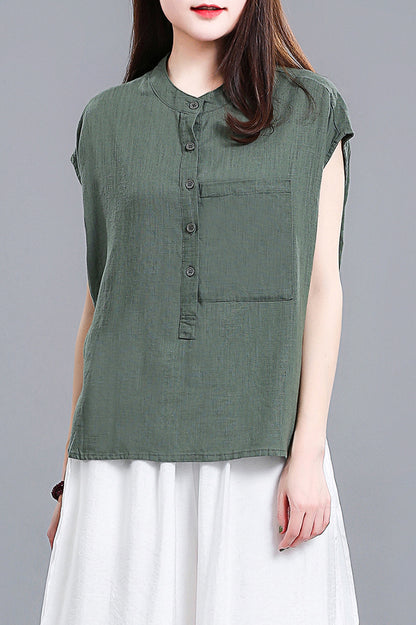 White Linen Cotton Short Sleeve Top - Loose Fit with Front Pocket 3677