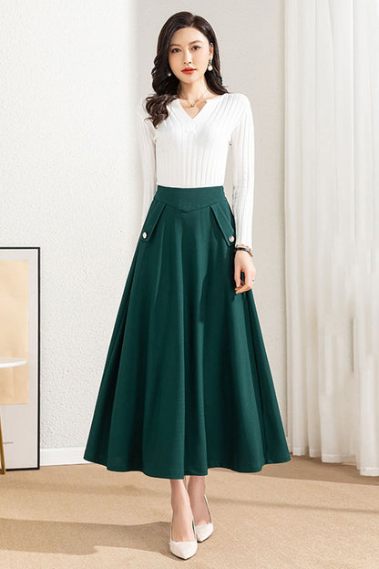 Emerald Green Cotton Blend A-Line Maxi Skirt - High Waist, Flowing Silhouette 40