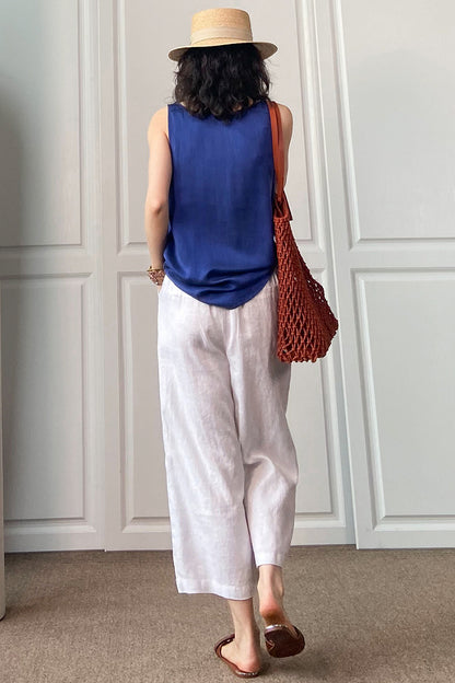 Pink Linen Wide Leg Pants - Elastic Waist, Casual Comfort 3508
