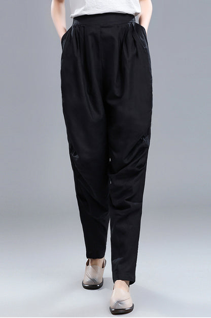 Black Linen Cotton Wide Leg Pants - Vintage Inspired Elastic Waist 3672
