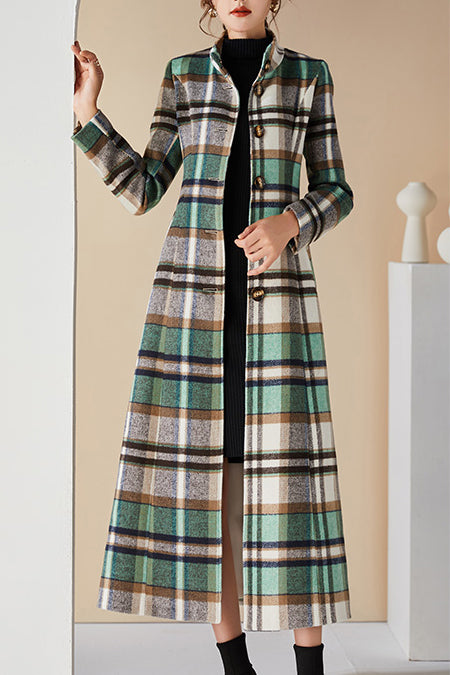 Women Long Green Plaid Wool Coat 3996