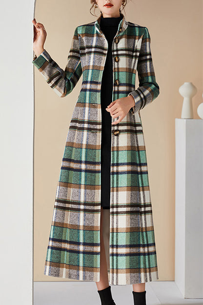 Handmade Green Plaid Wool Coat – Elegant Belted High Neck Long Overcoat | Xiaolizi 3996
