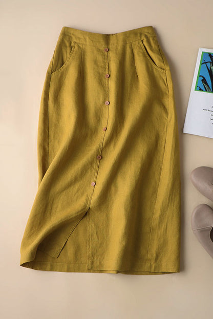 Beige Linen Maxi Skirt - Elastic Waist with Side Pockets 3595