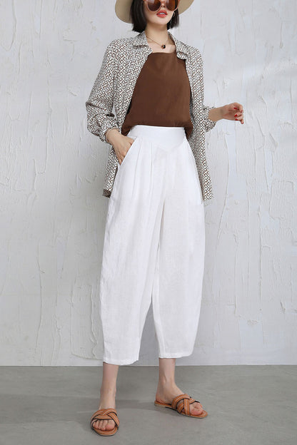 White Linen Wide Leg Pants - Casual Elastic Waist Loose Fit 3514