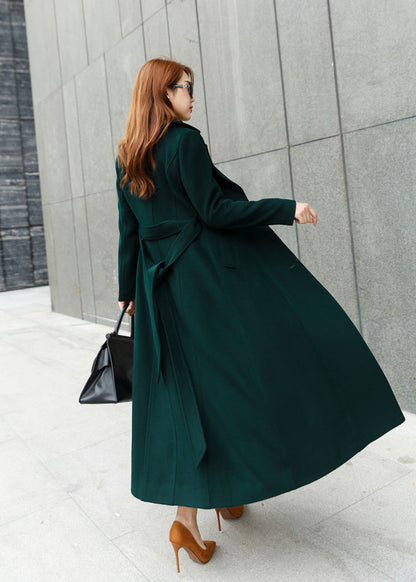 Handmade Wool Blend Coat – Dark Green Long Winter Trench Style | Xiaolizi 2458