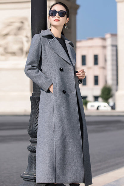 Gray Wool Maxi Coat - Double Breasted with Belt 3193