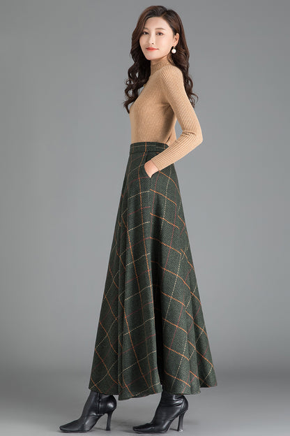 Green Plaid Wool Maxi Skirt – High Waist A-Line Winter Skirt for Women 3793