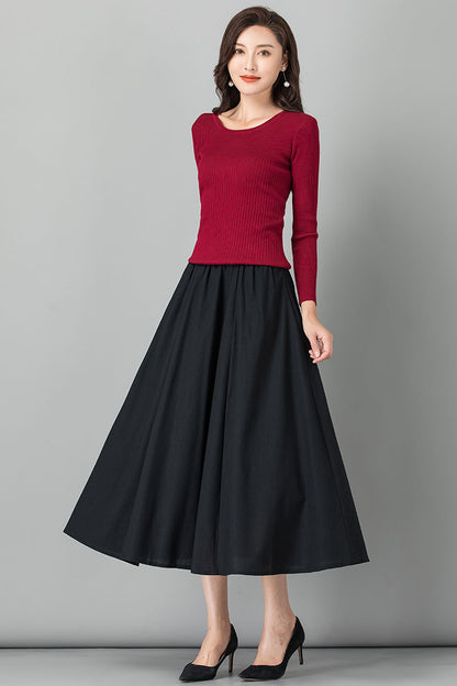 Emerald Green Linen Midi Skirt - High Waist Pleated Casual Style 4103