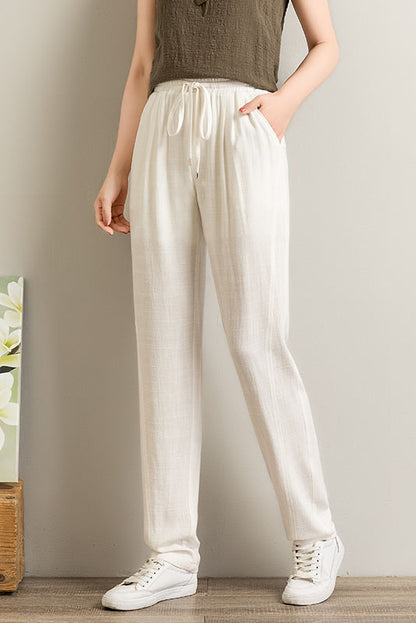 Beige Linen Wide Leg Pants - Elastic Waist, Casual Comfort 3517