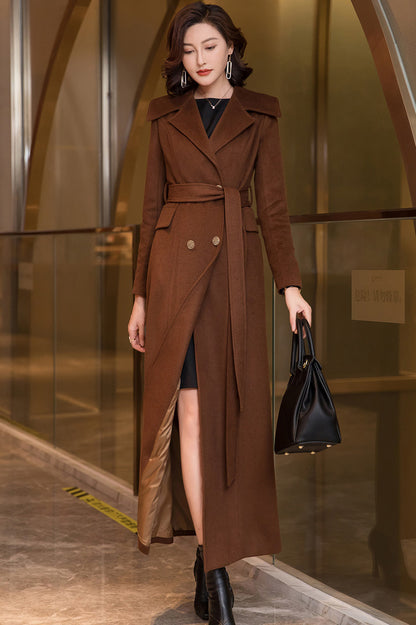 Brown Wool Coat – Handmade Long Double Breasted Belted Winter Overcoat for Women 3969