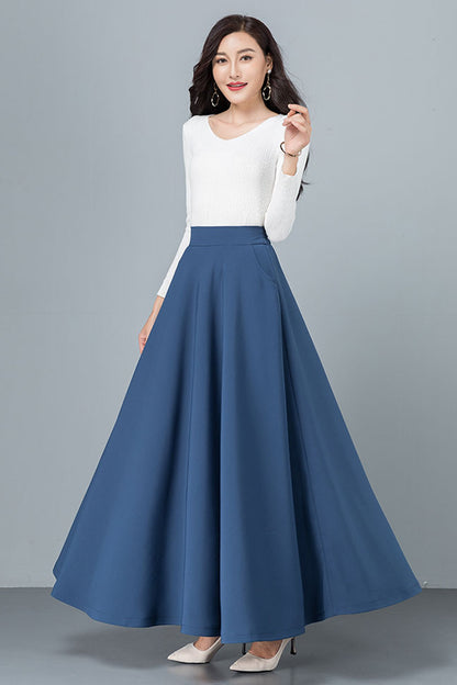 Black Cotton Blend A-Line Long Skirt - Back Elastic Waist 4092