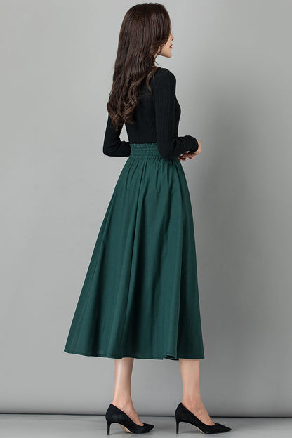 Emerald Green Linen Midi Skirt - High Waist Pleated Casual Style 4103