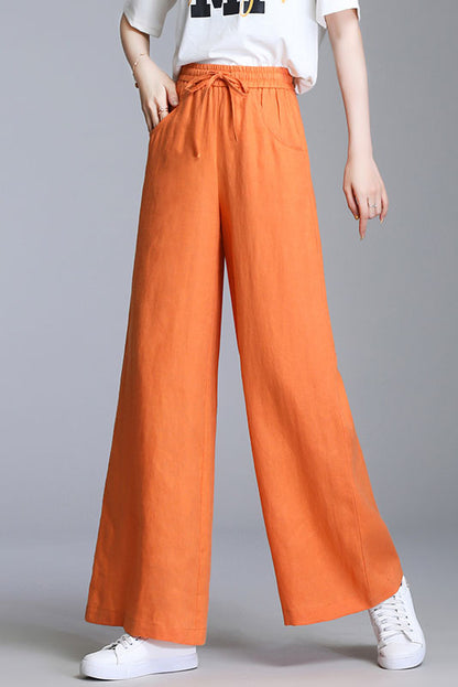 Light Grey Linen Wide Leg Pants - Elastic Waist, Belted Detail 3525