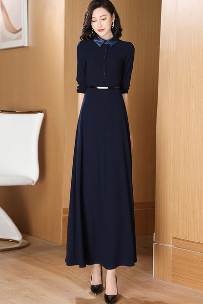 Navy Polyester Dress - Fit and Flared, Polo Collar with Nine-Quarter Sleeves 3196