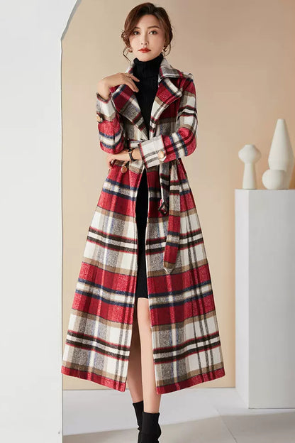 Handmade Plaid Wool Coat – Vintage Red Check Double-Breasted Long Belted Overcoat | Xiaolizi 3990