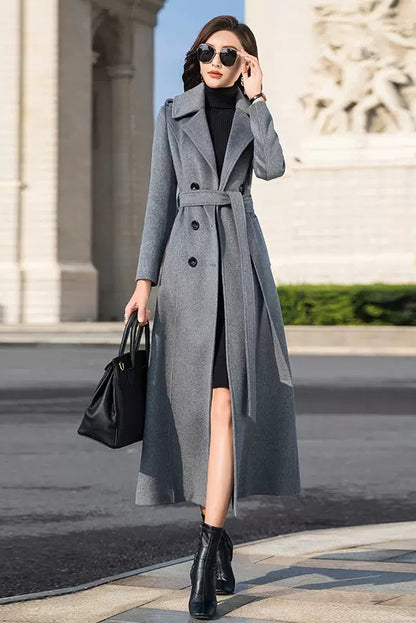 Handmade Gray Wool Coat – Elegant Double-Breasted Belted Long Overcoat | Xiaolizi 3982