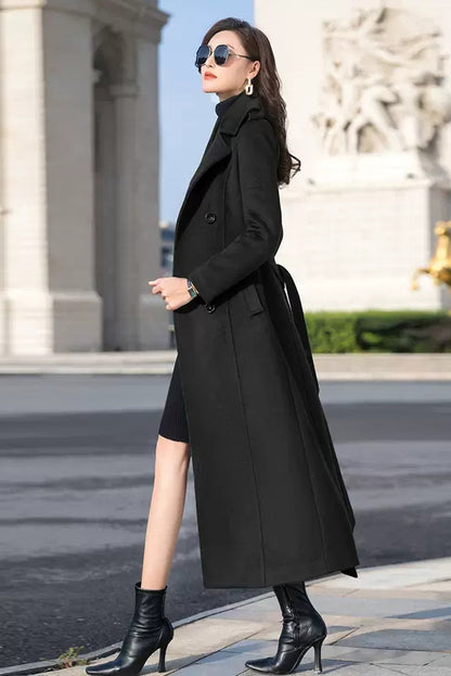 Vintage-Inspired Long Wool Coat – Women’s Belted Winter Overcoat with Pockets 3980