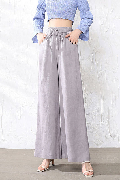 White Linen Wide Leg Pants - Elastic Waist with Front Pockets 3518