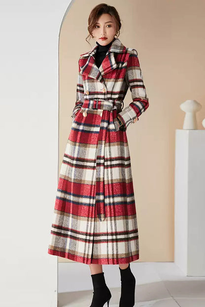 Long Red Plaid Wool Coat 3990