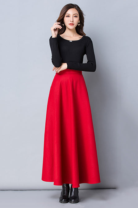 Women A-Line Red Wool Skirt 3791