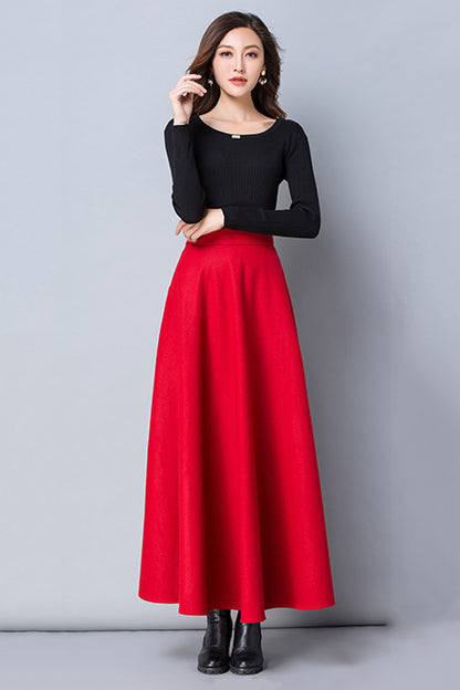 Red Wool A-Line Skirt - Ankle Length with Elastic Waist 3791